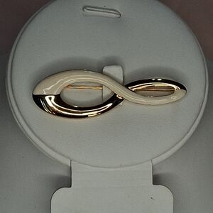 Vintage Monet Gold Tone Cream Enamel Infinity 8 Brooch Two Tone 80s Abstract